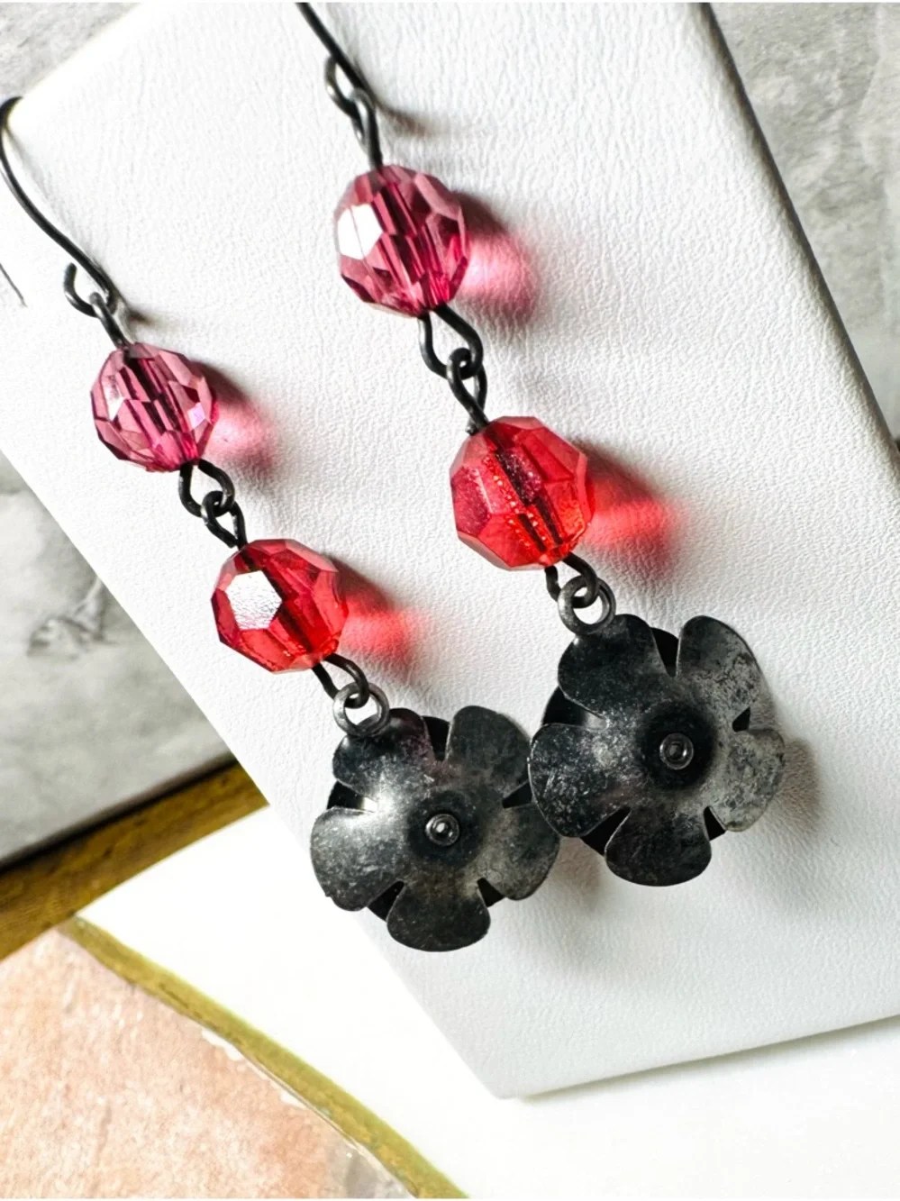 Handmade Black Rose & Red Faceted Bead Dangle Earrings Gothic Romantic Floral